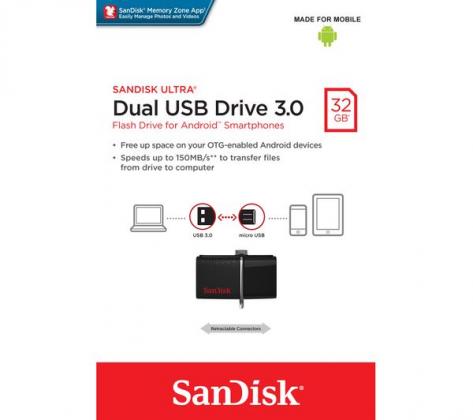 SANDISK Ultra Dual USB 3.0 & Micro USB Memory Stick - 32 GB, Black