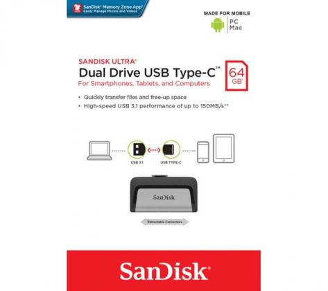 SANDISK Ultra USB Type-C & USB 3.1 Dual Memory Stick - 64 GB, Silver
