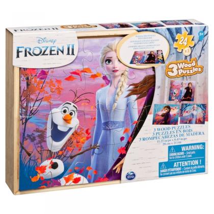 Disney Frozen 2 , 3 Pack Wooden Puzzles in Wood Storage Tray