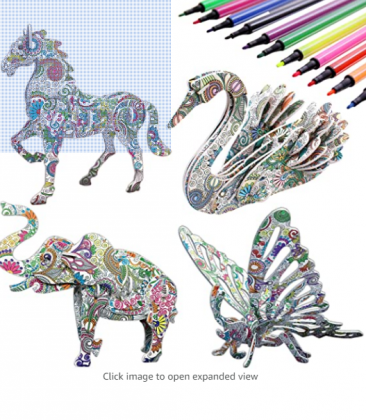 3D Coloring Puzzle Set,4 Animals Puzzles with 12 Pen Markers, Art Coloring Painting 3D Puzzle for Kids Age 7 8 9 10 11 12. Fun Creative DIY Toys Gift