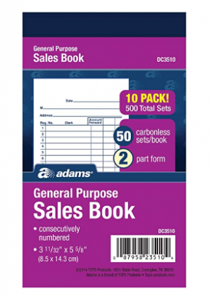 Adams General Purpose Sales Book, 2-Part, Carbonless, White/Canary, 3-11/32