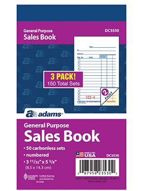 Adams General Purpose Sales Book, 2-Part, Carbonless, White/Canary, 3-11/32 x 5-5/8 Inches, 50 Sets/Book, 3 Books (DC3530)