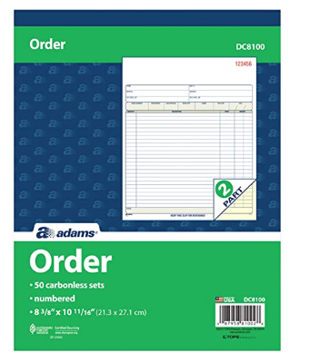 Adams Order Book, 2-Part, Carbonless, White/Canary, 8-3/8 x 10-11/16 Inches, 50 Sets per Book (DC8100)