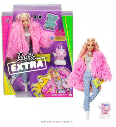 Barbie Extra Doll #3 in Pink Fluffy Coat with Pet Unicorn-Pig, Extra-Long Crimped Hair, Including Candy Bar Clutch & Gummy Bear Ring, Multiple Flexibl