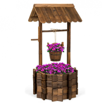 Best Choice Products Rustic Outdoor Wooden Wishing Well Planter Home Décor w/Hanging Bucket