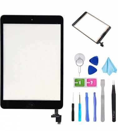 Black Digitizer Repair Kit for iPad Mini 1&2 A1432 A1489 Touch Screen Digitizer Replacement with IC Chip + Home Button + Tools + Pre-Installed Adhesiv