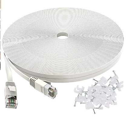 Cat 6 Ethernet Cable 50 ft White - Flat Internet Network Lan patch cords – Solid Cat6 High Speed Computer wire With clips& Snagless Rj45 Connectors fo