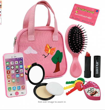 Click N' Play 8Piece Girls Pretend Play Purse, Including A Smartphone, Car Keys, Credit Card, Lipstick, Lights Up & Make Real Life Sounds