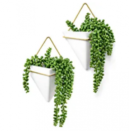 Dahey Geometric Wall Planter Hanging Vase with Artificial Succulent Plants Fake String of Pearls Modern Ceramic Wall Decor for Indoor Outdoor Home Off