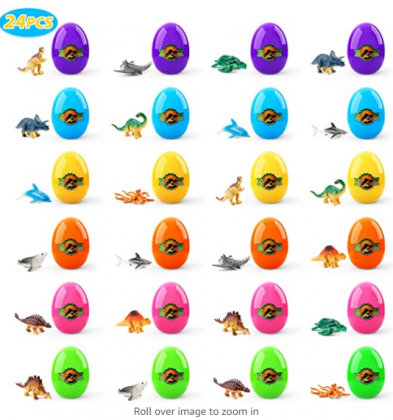 Easter Eggs, 24 PCs Plastic Easter Eggs Filled with Dinosaurs Toys, Theefun Surprise Eggs for Easter Hunt, Basket Stuffers Fillers, Classroom Prize Su