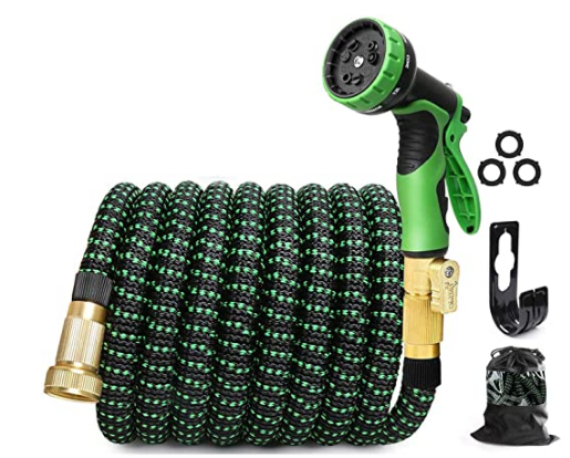 EASYHOSE Garden Water Hose 25ft,Flexible Hose with Strength Stretch Fabric with Brass Connectors - 9 Way Spray Nozzle +12 Months Warranty