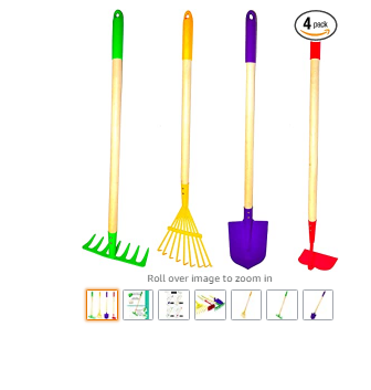 G & F Products JustForKids Kids Garden Tool Set Toy, Rake, Spade, Hoe and Leaf Rake, reduced size , made of sturdy steel heads and real wood handle, 4
