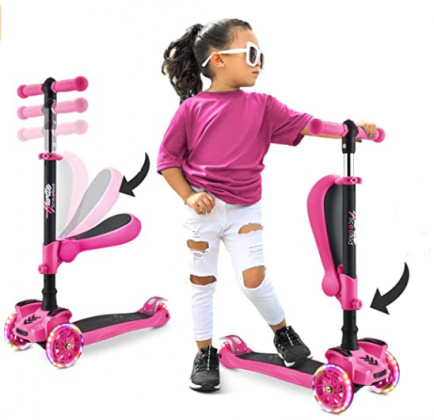 Hurtle 3-Wheeled Scooter for Kids - Wheel LED Lights, Adjustable Lean-to-Steer Handlebar, and Foldable Seat - Sit or Stand Ride with Brake for Boys an
