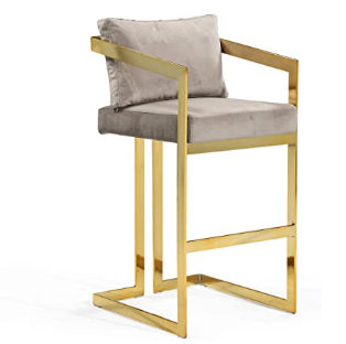 Iconic Home Layla Bar Stool Chair Velvet Upholstered Slope Arm Design Architectural Goldtone Solid Metal Frame Modern Contemporary, Taupe