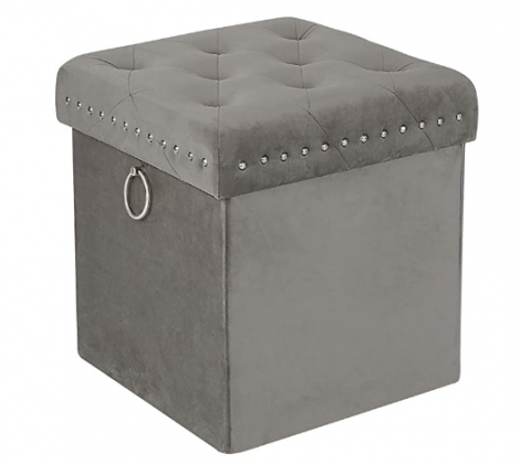 Inspire Me! Home Décor Anastasia Ottoman with Lux Metal Studs and Functional Handle Detailing, Classy Pewter Grey Soft Velvet, 16 x 16 x 17 in, Tufted