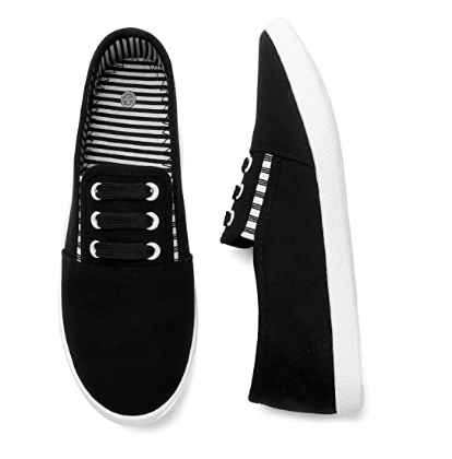 kufeiti Women’s Canvas Slip On Shoes Sneakers for Women Fashion Comfortable White Black Elastic Sneakers for Women