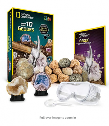 NATIONAL GEOGRAPHIC Break Open 10 Premium Geodes – Includes Goggles, Detailed Learning Guide & 2 Display Stands - Great STEM Science Gift for Mineralo