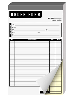 Order Form Pad 2 Part Carbonless Book, Tear Off Carbon Copy White and Yellow Pages, Chipboard Backing for Small Businesses, Sales, Receipt, Booklet, B