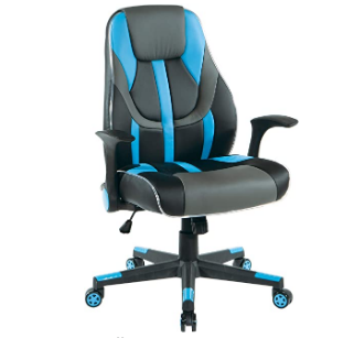 OSP Home Furnishings Output Mid-Back LED Lit Gaming Chair, Black Faux Leather with Blue Trim and Accents