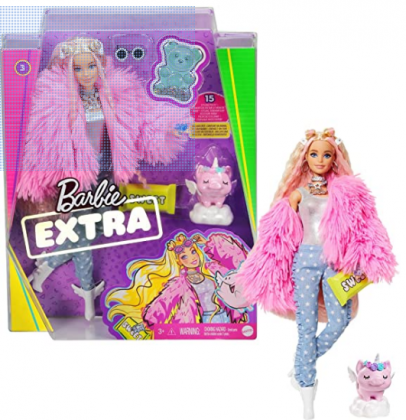 Roll over image to zoom in Barbie Extra Doll #3 in Pink Fluffy Coat with Pet Unicorn-Pig, Extra-Long Crimped Hair, Including Candy Bar Clutch & Gummy