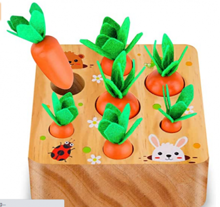SKYFIELD Carrot Harvest Game Wooden Toy for Boys and Girls 1 2 3 Years Old, Shape Sorting Matching Puzzle Toy with 7 Sizes Carrots, Montessori Toy Gif