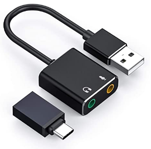 USB Audio Adapter, USB External Stereo Audio Adapter, Suitable for Windows, Mac, Linux, PC, Laptop, Desktop, PS4, Black (with Type-C Adapter