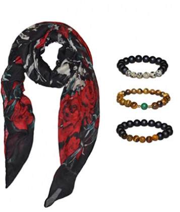 Womens Fashion Scarf & Bracelet Set - Beautiful Floral Scarf and 3 Beaded, Stackable Bracelets - Lightweight Scarf & Bracelets for Ladies - Womens Gif