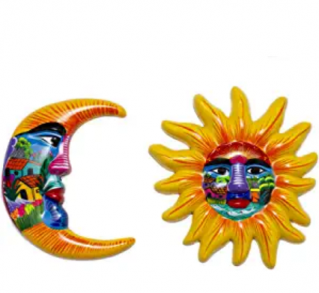 Yellow Hand Painted Authentic Mexican Sun and Moon Wall Decor, Patio Wall Decorations, Summer Wall Ceramic Decor, Moon Decor, Mexican Art for Home and