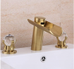 Brushed Gold Bathroom Sink Faucet 3 Hole 2 Handle Crystal Widespread Waterfall Faucet(Brusehd Gold)