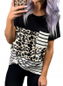 MaiDouble Women's Fashion Leopard Short Sleeve Tops Stripe Patchwork Summer Casual T-Shirt Blouse
