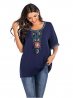 Women's Summer Casual Embroidered Blouse Notch Round -Neck Tassel Short Sleeve Tops Plus Size XXL
