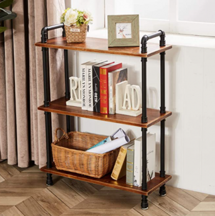 3-Tier Industrial Open Bookcase, Iron Pipe Bookshelf with Solid Wood, Display Storage Stand Shelf Bookcase for Living Room, Kitchen, Office(Rustic Bro