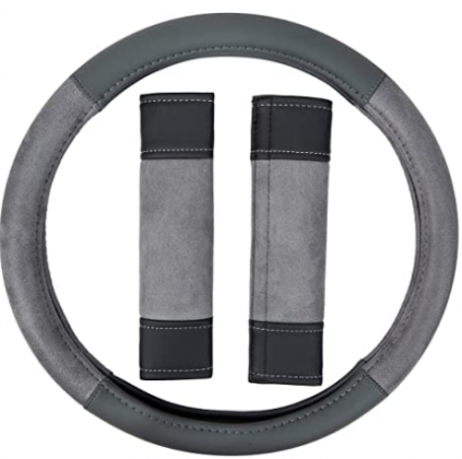 Amazon Basics Leatherette and Suede 15″ Steering Wheel Cover and Seatbelt Pads, Gray