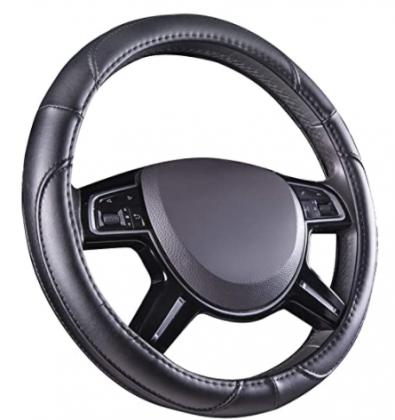 Amazon Basics Leatherette Steering Wheel Cover, 15″, Black