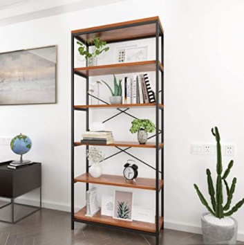 BATHWA Tall Bookshelf Mordern Wood Metal Open Industrial Book Shelves Bookcase Shelving Unit Storage System 5 Tier