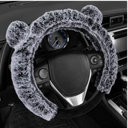 BDK Bear Fur Plush Steering Wheel Cover - Cute Faux Wool Protector for Women Girls Universal Size 14.5 15 15.5 Inch (Gray - with Ears) (SW-2421-GR)