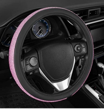 BDK Bling Bling Diamond Leather Steering Wheel Cover with 9 Rows Crystal Rhinestones, Universal Fit 14.5-15.5 Inch for Women/Girls (Pink) (SW-2611-HP)