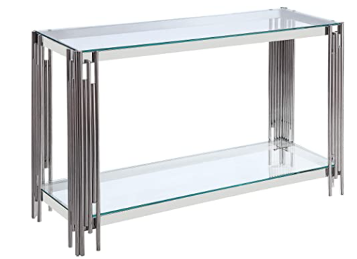 Benjara Tempered Glass Top Sofa Table with 1 Open Shelf, Chrome