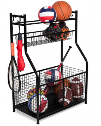 BIRDROCK HOME Sports Equipment Storage Rack - Steel Ball Storage Rack - Garage Ball Storage - Sports Gear Storage - Garage Organizer with Baskets and
