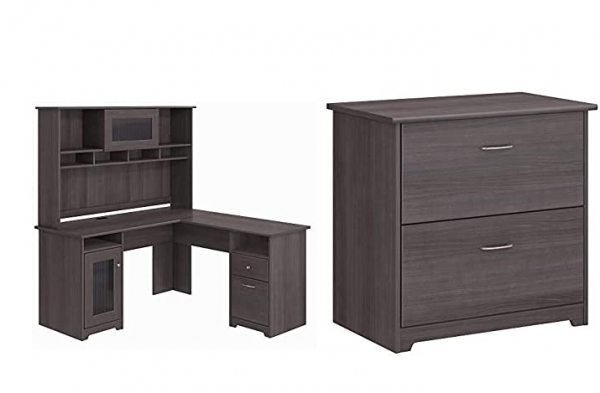 Bush Furniture Cabot L Shaped Desk with Hutch in Heather Gray & Furniture Cabot 2 Drawer Lateral File Cabinet, Heather Gray