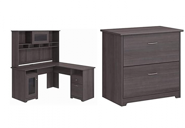 Bush Furniture Cabot L Shaped Desk with Hutch in Heather Gray & Furniture Cabot 2 Drawer Lateral File Cabinet, Heather Gray