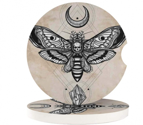 Car Drink Holder Coasters 2 Pack Dead Skull Head Hawk Moth with Luna Stone Cork Cup Holder Cupholder Coaster for Your Car Auto Women Men Girls Drinks