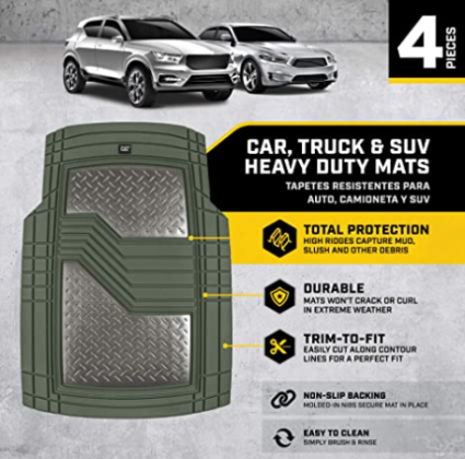 Caterpillar Heavy Duty Rubber Floor Mats for Car SUV Truck & Van-All Weather Protection, Front & Rear with Heelpad & Anti-Slip Nibs Backing, Trim-to-F