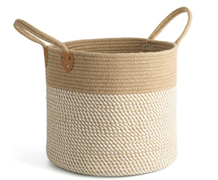 CHICVITA Large Jute Basket Woven Storage Basket with Handles – Natural Jute Laundry Basket Toy Towels Blanket Basket Home Decor, White, 14