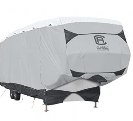 Classic Accessories Over Drive SkyShield Deluxe 5th Wheel Trailer Cover, Fits 33' - 37' Trailers - Water Repellent RV Cover (80-365-101801-EX)