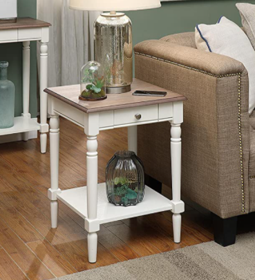 Convenience Concepts French Country End Table with Drawer and Shelf, Driftwood / White
