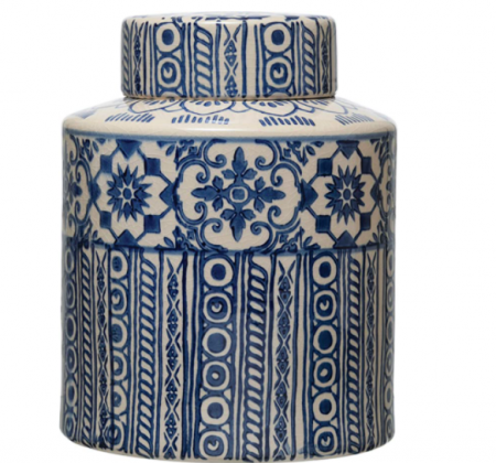 Creative Co-Op Decorative Stoneware Ginger Pattern, Blue & Cream Color Jar