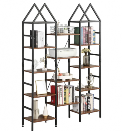 DNYKER Triple Wide 4-Tier Bookcase, Large 12 Open-Shelf Tall Bookshelf with Industrial Style Book Shelf, Wood and Metal Furniture Display Shelf for Ho