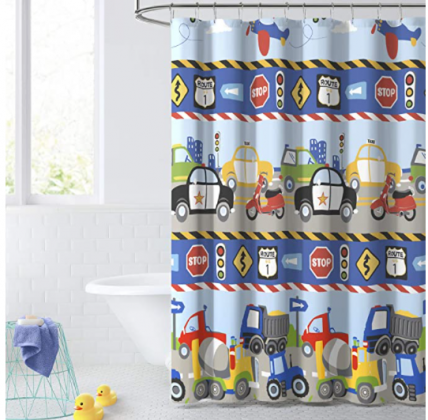dream FACTORY Kids Fabric Shower Curtain for Bathroom, 72W x 72L, Blue Red Trains and Trucks