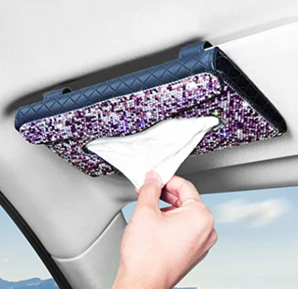 eing Car Tissue Box Holder- PU Leather Bling Crystal Van Truck Vehicle Napkin Cover for Backseat and Sun Visor,Refill Paper Included (Purple)